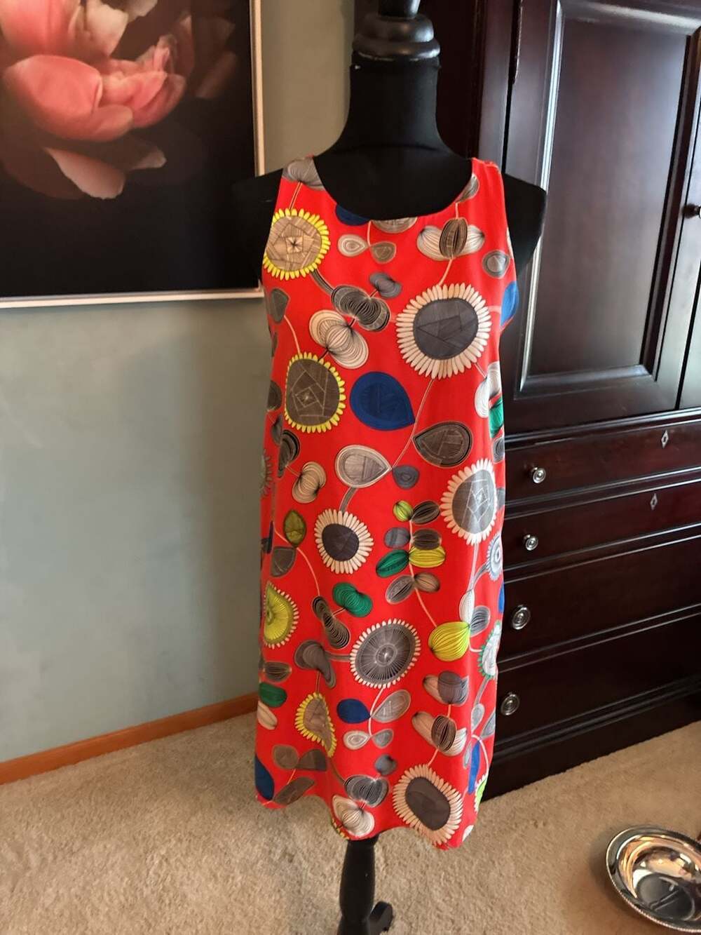 Teenflo Red Abstract Floral Print Sleeveless Shift Dress SzXL S A678